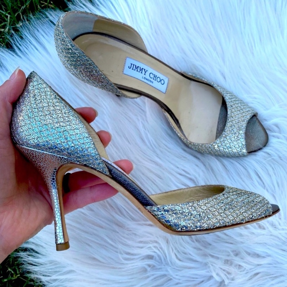 Jimmy Choo Logan Peep tor Shimmery silver peep toe heels